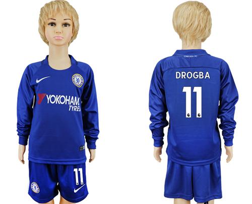 Chelsea #11 Drogba Home Long Sleeves Kid Soccer Club Jersey
